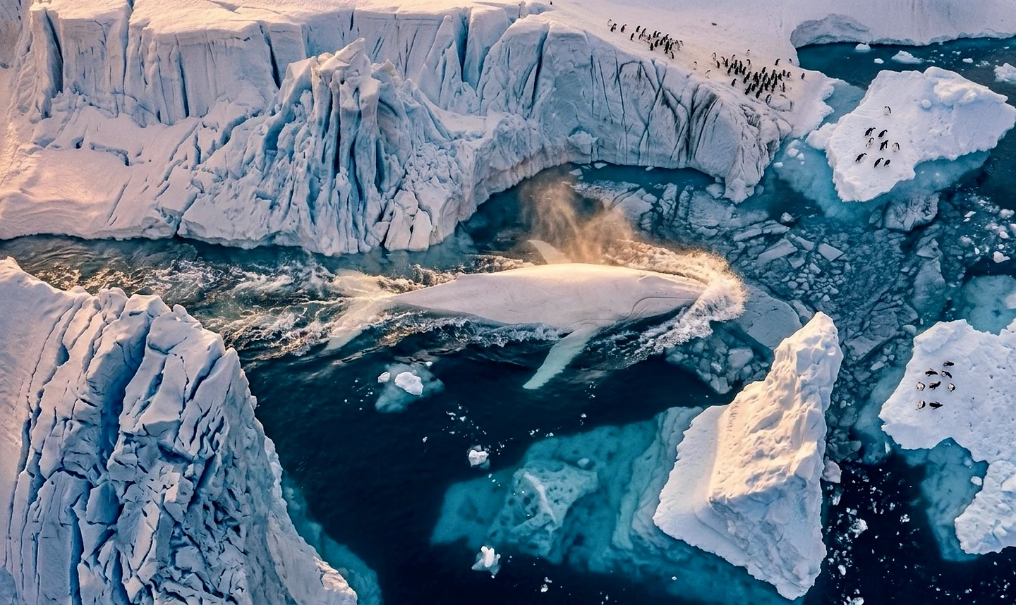 White whale seen from above among icebergs and pack ice